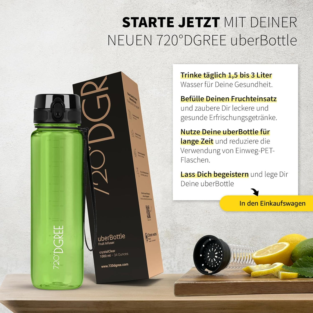 720°DGREE Trinkflasche “uberBottle“ 350ml, 500ml, 650ml, 1l, 1,5 Liter softTouch +Früchtebehälter -