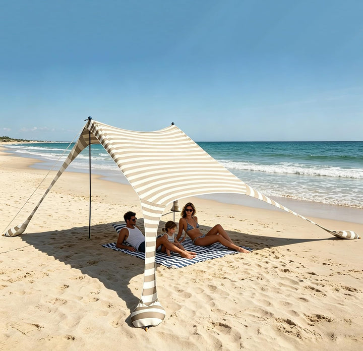 Strandzelt 2x2.1 m Pop-Up LSF 50 Sonnenschutz, Anti-Wind Strandmuschel mit Eisen Stabilitätsstangen