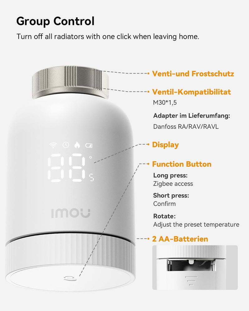 Imou Smart Home Heizkörperthermostat Kit 1+2, smartes Thermostat mit App-Funktion, Zeitpläne/Geofenc