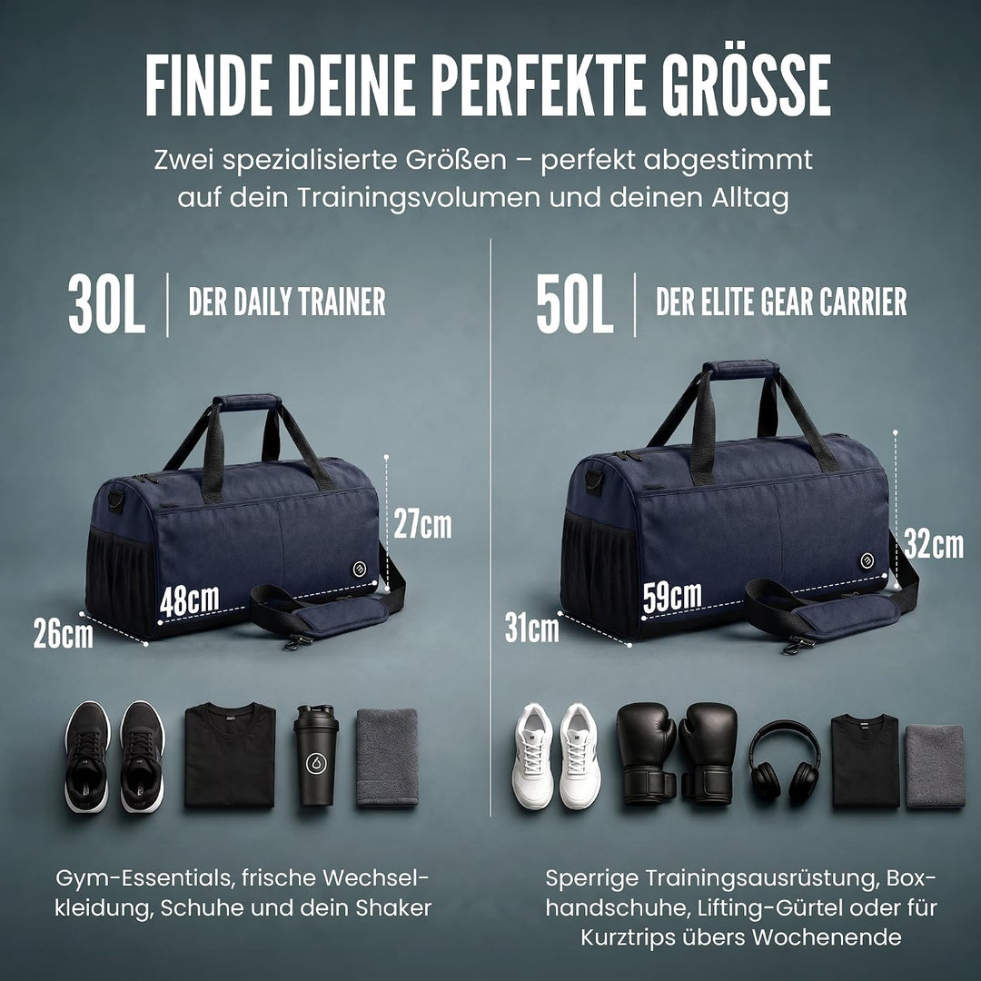 Sporttasche Herren Trainingstasche Damen + Schuhfach Nassfach | 40/60L mit Rucksack-Funktion, 30/50L