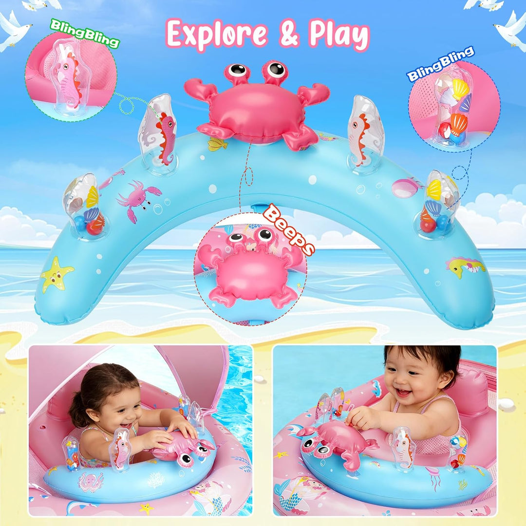 Baby-Schwimmring mit Sonnendach UPF 50+ Sonnenschutz, verstellbarer Sicherheitsgurt & Spielzeug, Auf