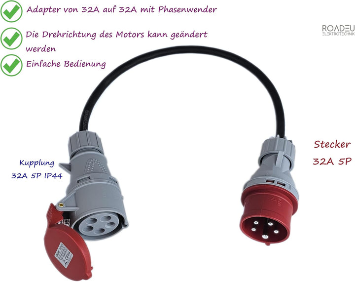 RoadEu - CEE Adapter 32A auf 32A mit Phasenwender - Starkstrom Adapter 32A Stecker auf 32A Kupplung