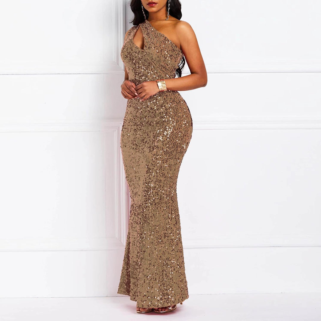VERWIN Pailletten-Maxikleid für Damen, ärmellos, schräger Kragen, figurbetontes Kleid, Partykleid L