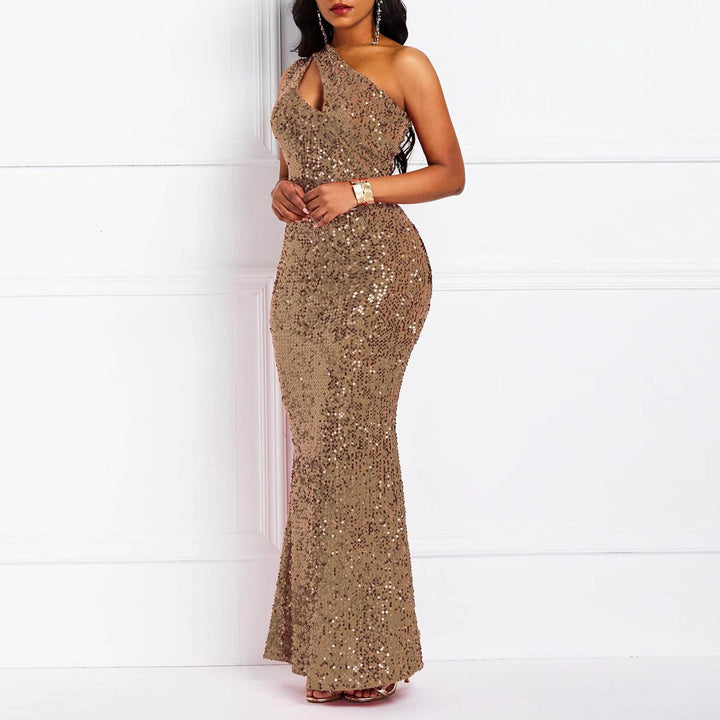 VERWIN Pailletten-Maxikleid für Damen, ärmellos, schräger Kragen, figurbetontes Kleid, Partykleid L