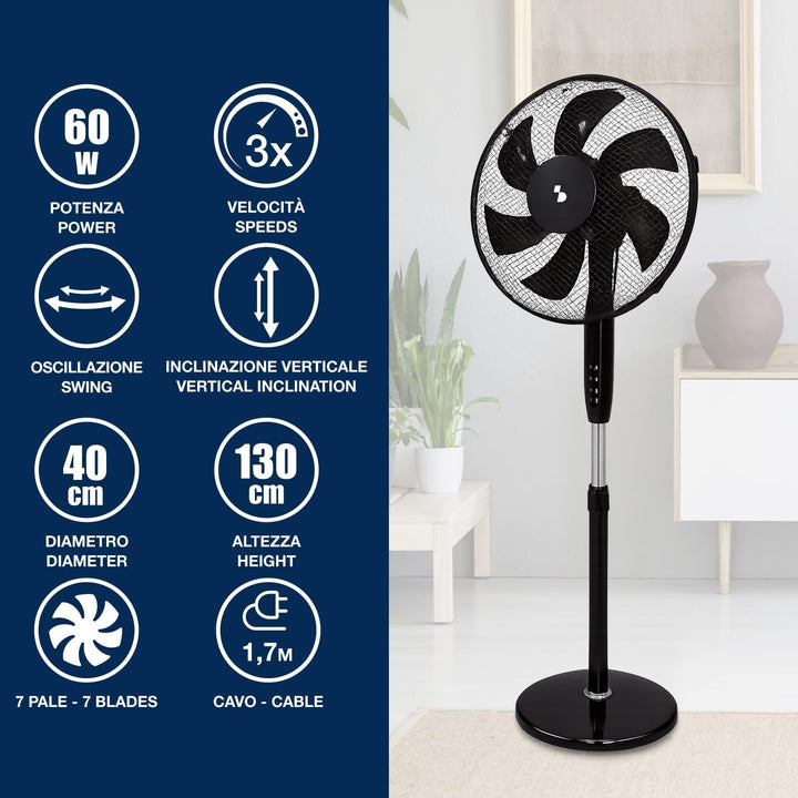 BEPER P206VEN120 Standventilator mit 7 Flügeln, 40 cm, Oszillationsfunktion, 3 Geschwindigkeitsstufe