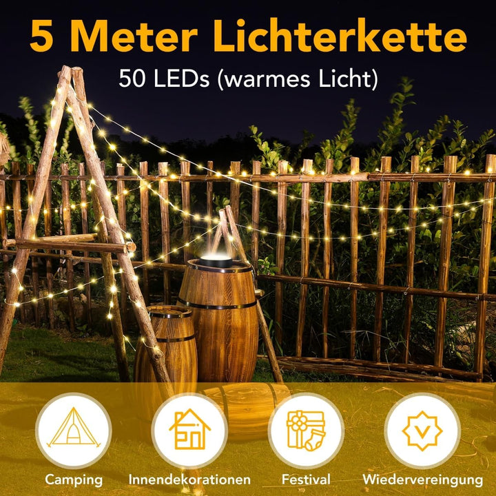Lepwings Campinglampe Solar mit 5M 50 Led Lichterkette, Campinglaterne Tragbare mit 4000mAh Batterie