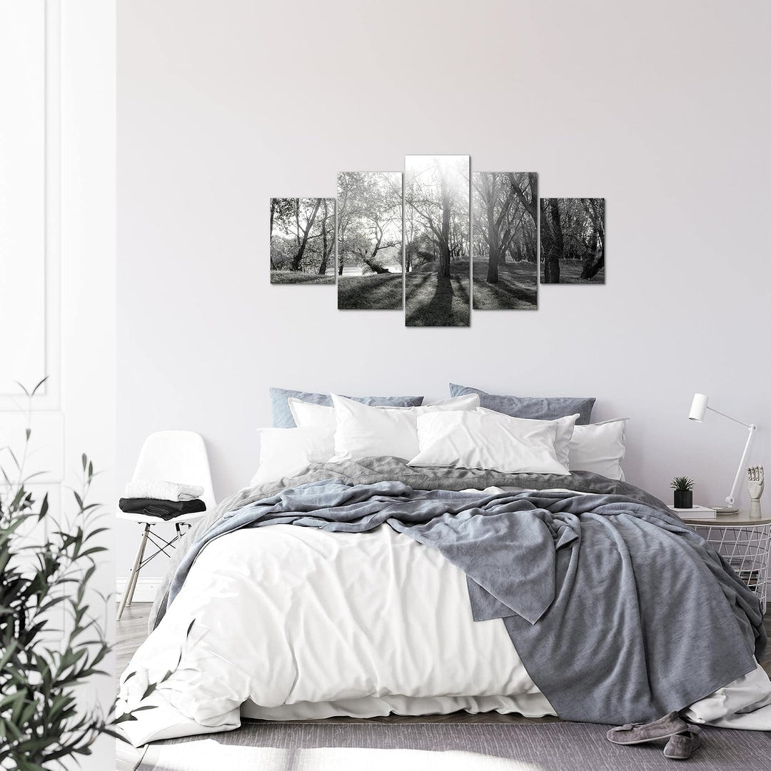 Runa Art Bild Schlafzimmer Wohnzimmer Wald Landschaft 5 Teilig Sonne Schwarz Weiss Wandbilder auf Vl