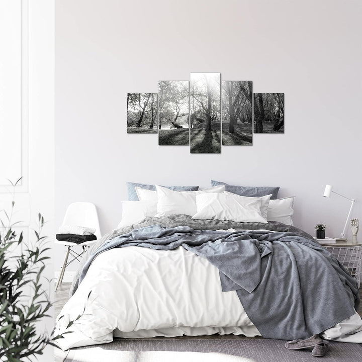 Runa Art Bild Schlafzimmer Wohnzimmer Wald Landschaft 5 Teilig Sonne Schwarz Weiss Wandbilder auf Vl