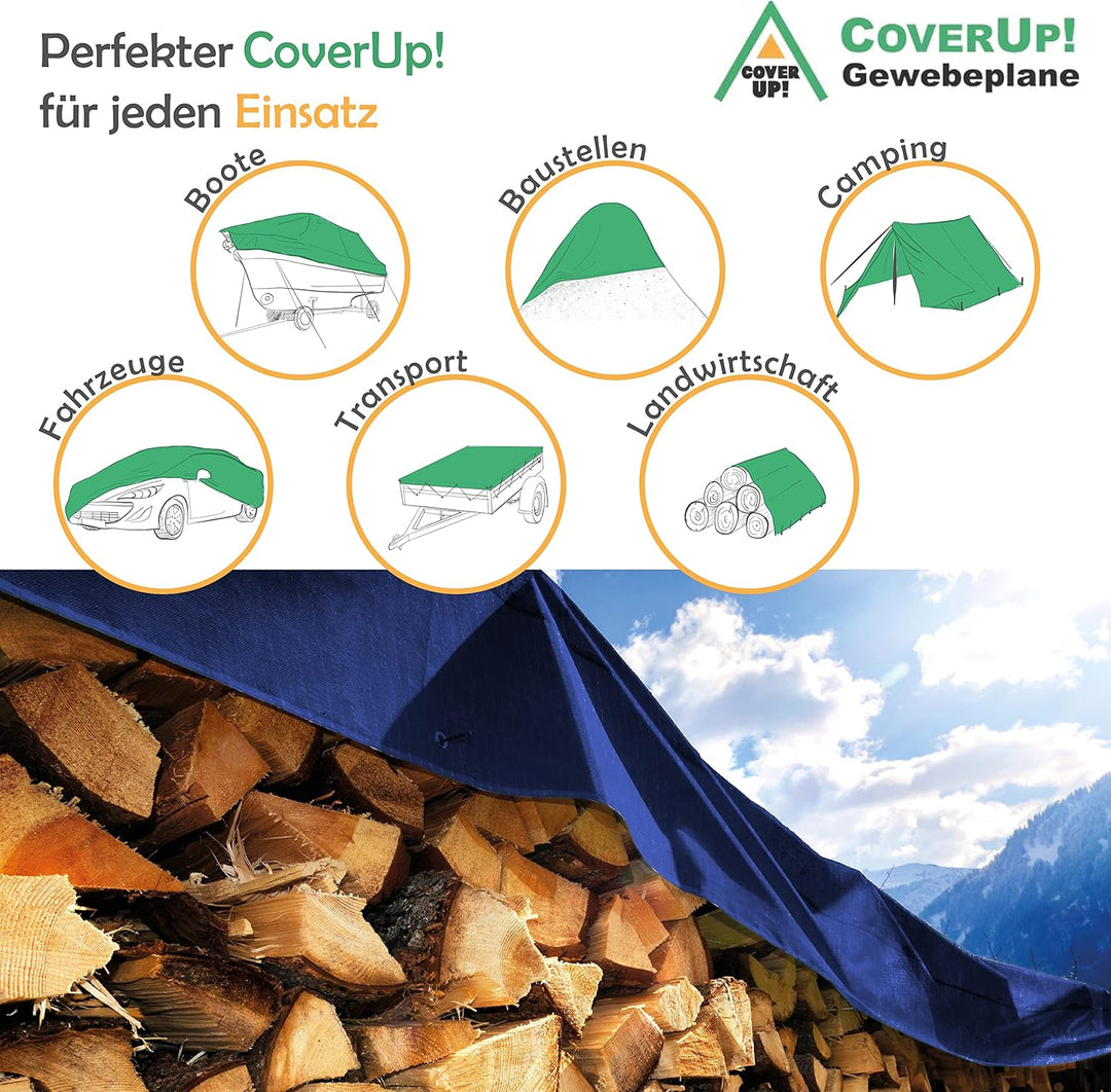 CoverUp! (4x5 m Gewebeplane - Farbe: Blau, 200g/m² - Beständigkeit durch verstärkte Gummiecken &amp; ros