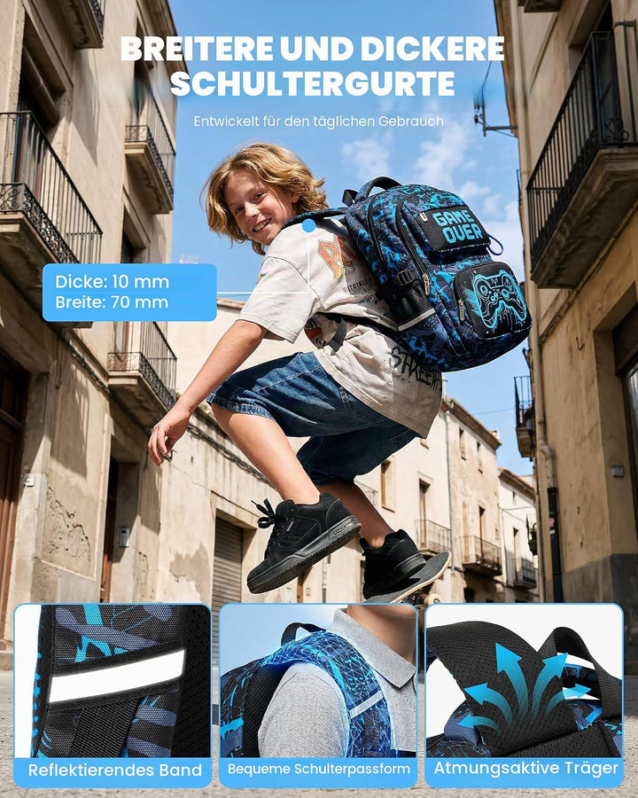 Amythe Schulrucksack mit Rollen für Jungen, Grosser Leuchtstoff Trolley-Rucksack mit 6 Räder, Wasser