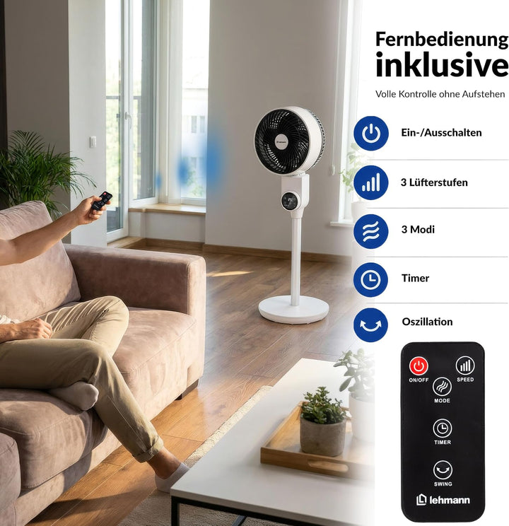 LEHMANN Standventilator, leiser Ventilator mit Schlafmodus & Naturmodus, Timer 12 h, Fernbedienung,
