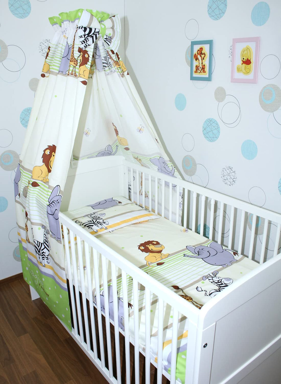 Baby Bettset Bettwäsche mit Himmel Vollstoff - Safari Grün - Bettausstattung Set (5 teilig), 5 teili