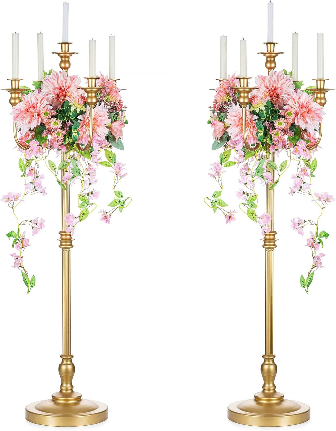 Sziqiqi 124cm Gold Kerzenständer Metall 2er Set, Moderne Kerzenleuchter 5-armig Candle Holder Tischd