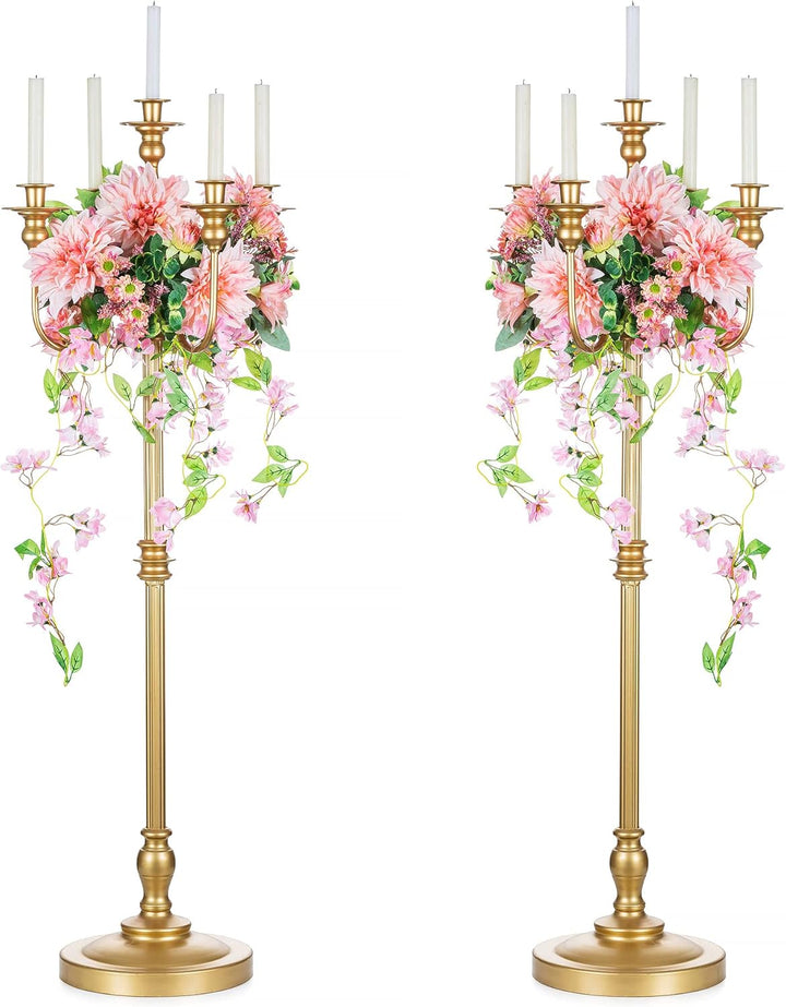 Sziqiqi 124cm Gold Kerzenständer Metall 2er Set, Moderne Kerzenleuchter 5-armig Candle Holder Tischd