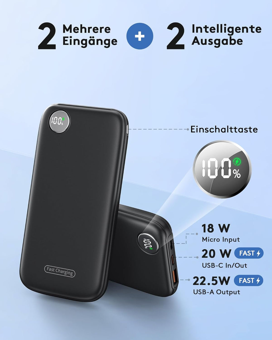 Leicht Aber Stark Externe Handyakkus, Flach 10000mAh Power Bank PD 22.5W Schnellladefunktion USB C I