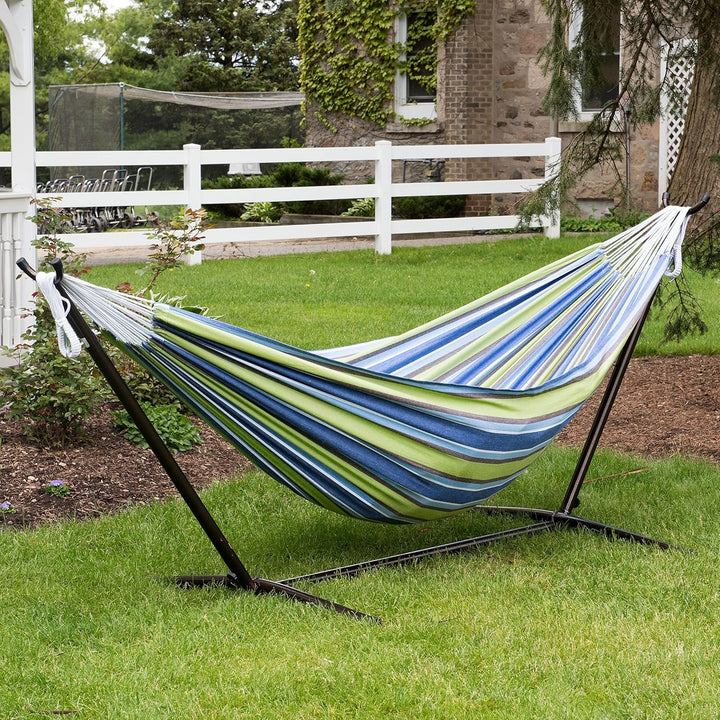 Vivere, Oasis Double Cotton Hammock with Space-Saving Steel Stand including carrying bag, Oasis
