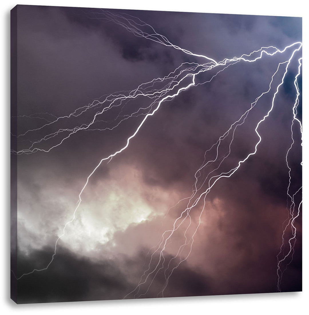 Pixxprint riesiger Blitz am Gewitterhimmel schwarz/weiss, Format: 70x70 auf Leinwand, 70x70