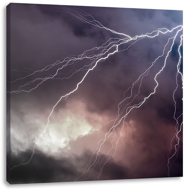 Pixxprint riesiger Blitz am Gewitterhimmel schwarz/weiss, Format: 70x70 auf Leinwand, 70x70