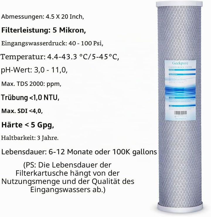 Geekpure 4,5" x 20" Carbon Block Ersatzfilter für ganzes Haus Wasserfiltrationssystem 5 Mikron -Pack