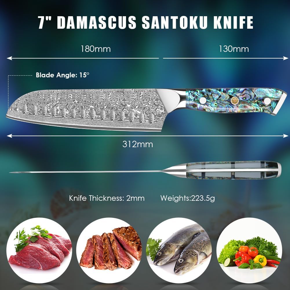 Home Safety Damastmesser Santoku Messer mit extrem Scharf 18cm Klinge aus 67 Lagen VG-10 Damaststahl