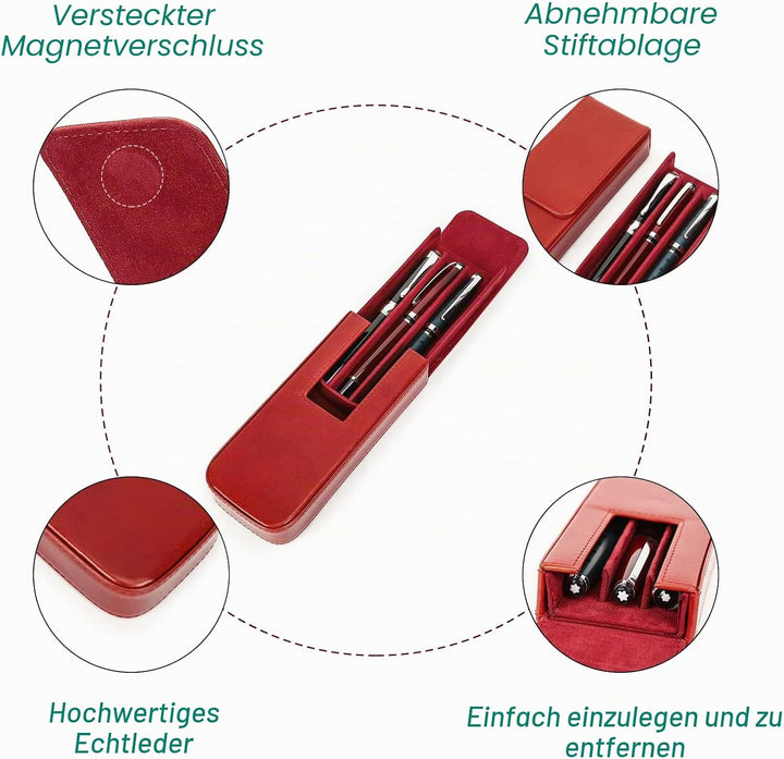 Hiram Leder-Füllhalteretui, Leder-Füllhalterbox für 3 Stifte mit Verstecktem Magnetischem Schnappver