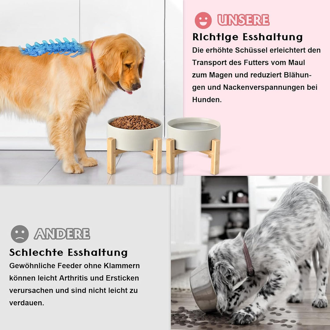 SPUNKYJUNKY Hundenapf Keramik Erhöhter Futternapf Set mit Bambus Ständer für Katzen und Hunde (1800m