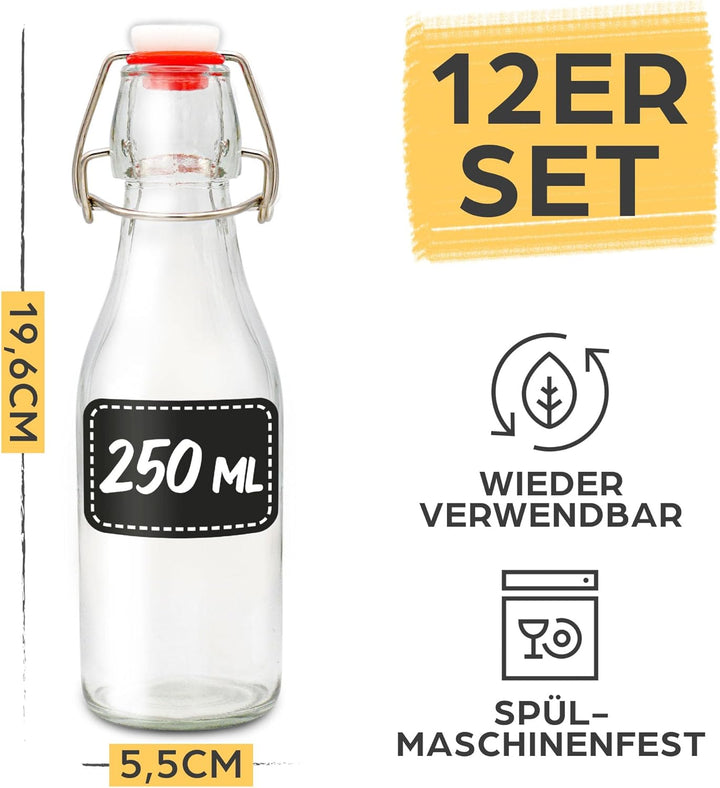 Praknu 12er Set Glasflaschen 250ml mit Bügelverschluss - Bügelflaschen Zum Befüllen - inkl. 6 Extra