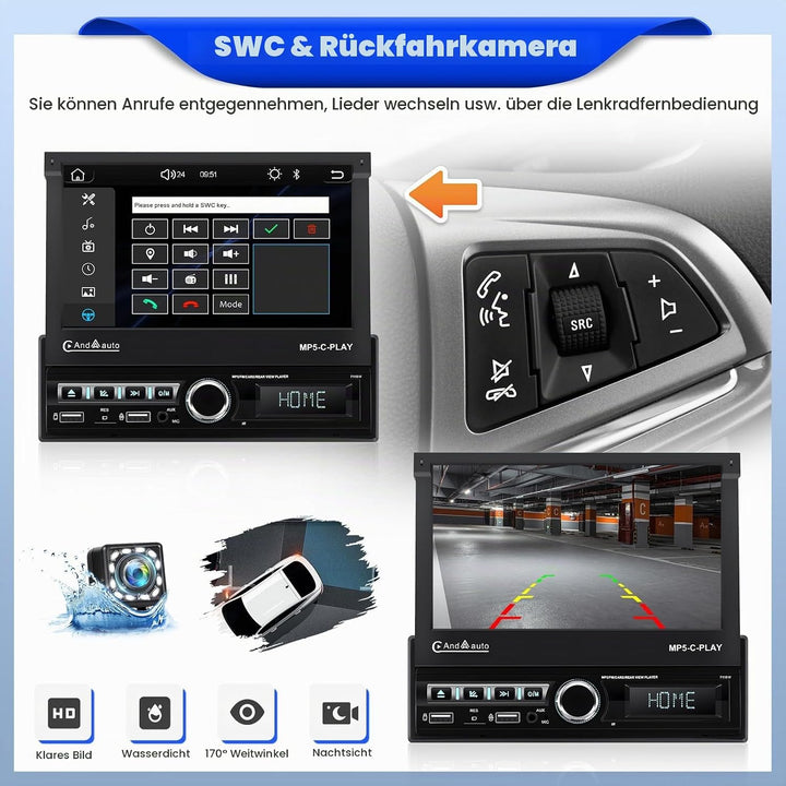 CAMECHO Autoradio 1 Din Navi mit Wireless Carplay &amp; Android Auto, 7 Zoll Motorisch Ausfahrbarem Bild