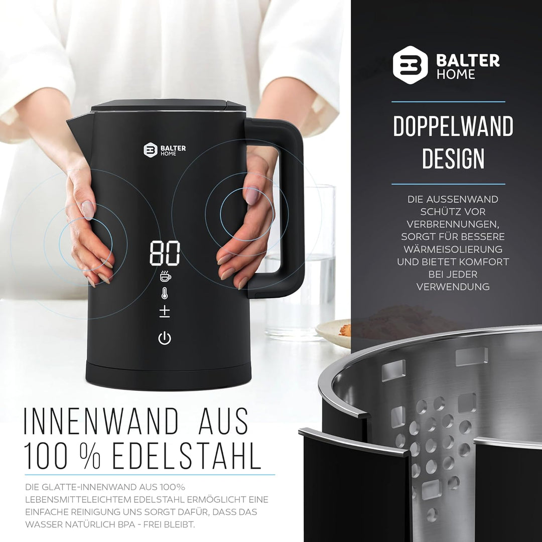 Balter Edelstahl Wasserkocher mit Temperatureinstellung, 40°C-100°C, Doppelwand, BPA frei, 1,5L, Sch