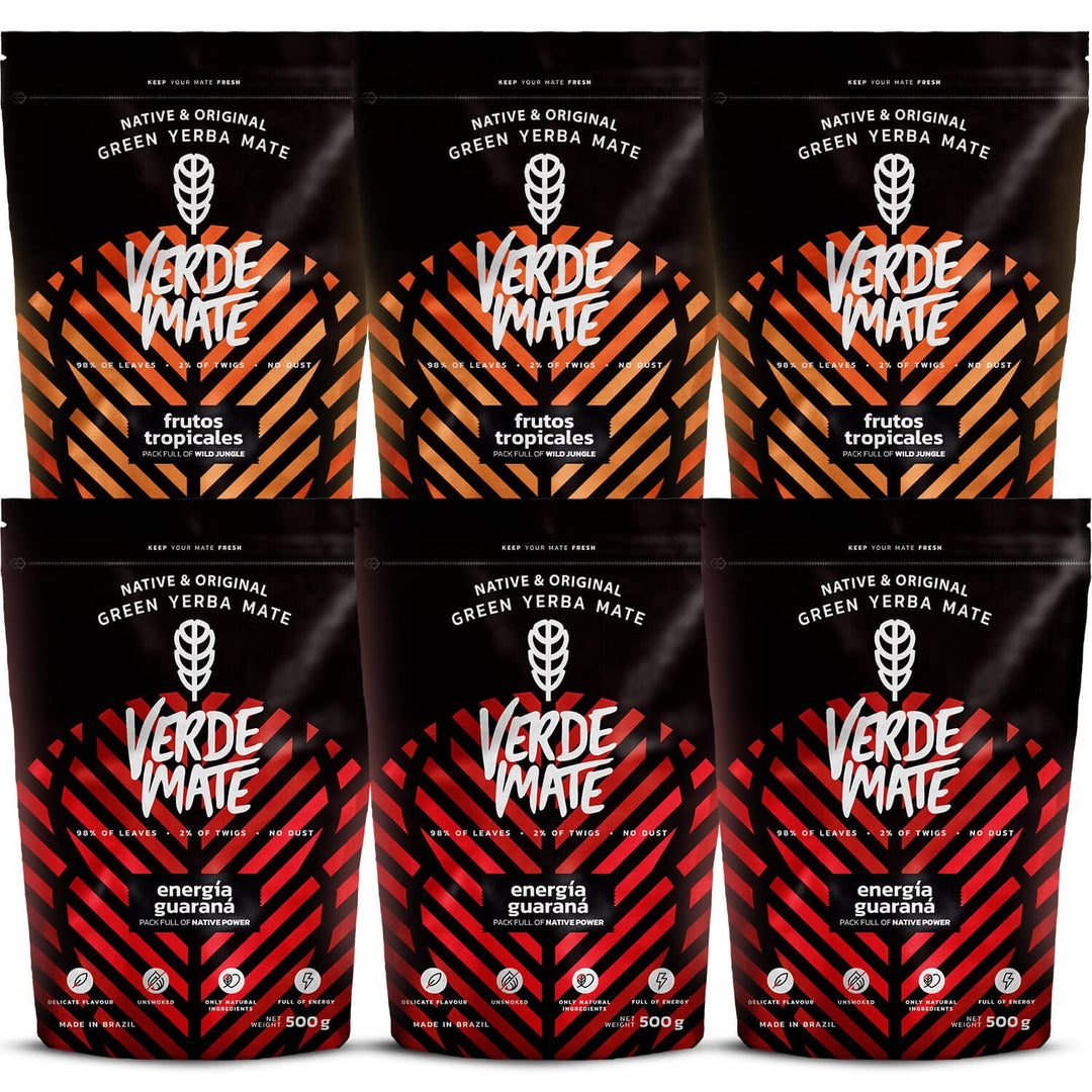 Mate Tee Verde Mate Set 3kg - Yerba Mate aus Brasilien Energia Guarana, Tropicales 6x500g - Luftgetr