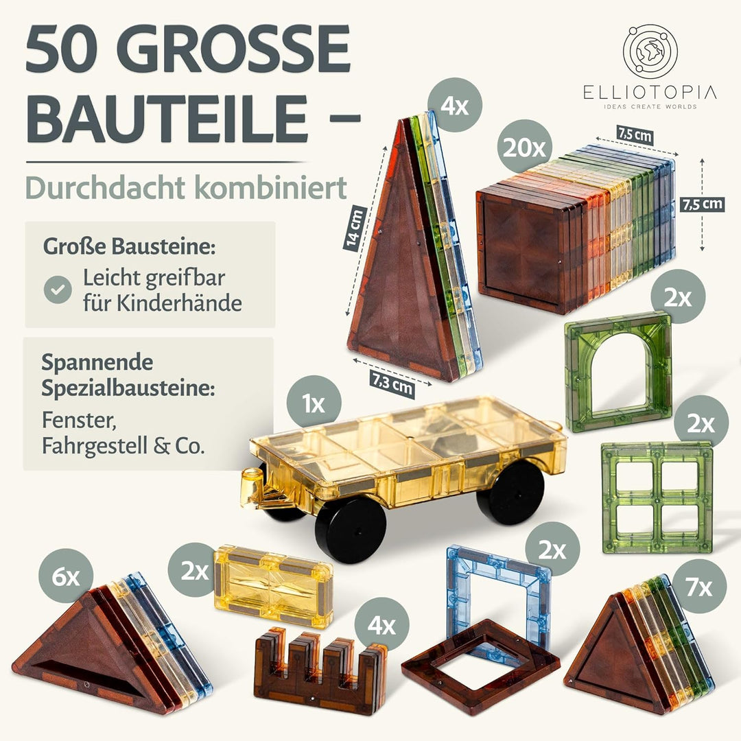 Magnetische Bausteine für Kinder ab 3 Jahren inkl.Auto, 50-teilig -pädagogische Magnetsteine, Montes