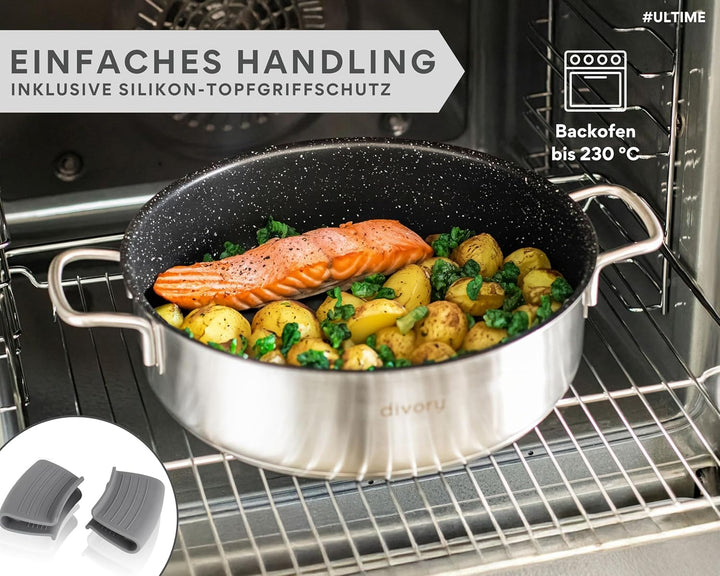DIVORY Schmorpfanne 28cm Induktion, Servierpfanne mit Deckel 4,6l Edelstahl – beschichteter Kochtopf