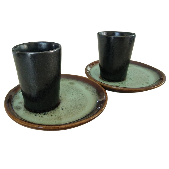 PintoCer - Espresso Kaffeetassen aus weissem Steingut, ohne Griff mit brauner Untertasse (Schwarz/Gr