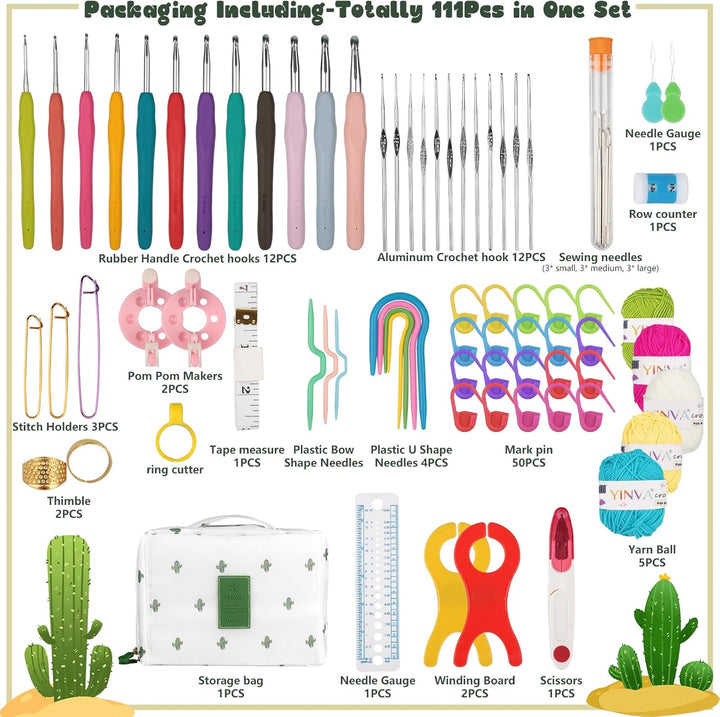 YINVA Häkelset für Anfänger 111 Stück Häkelnadel Set 0.6mm-8mm Ergonomische Häkelnadeln Crochet Set