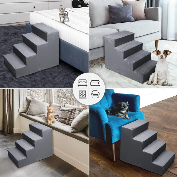 Mg Design Hundetreppe 4 Stufen in Dunkelgrau – Stabiler Holzrahmen, gelenkschonend, leicht & mobil,