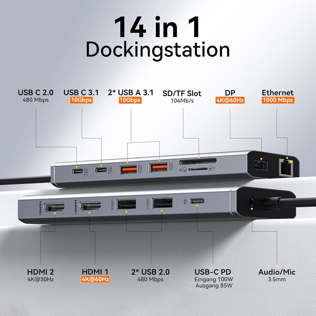 Dockingstation Laptop 2 Monitore, Docking Station USB C Hub Adapter 14 in 1 mit Dual HDMI, 10 Gbps D