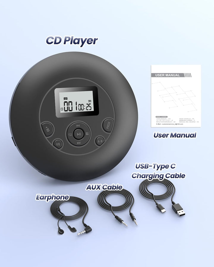 DESOBRY Tragbarer CD-Player, Wiederaufladbarer Discman CD Player mit Kopfhörer, Hold Lock und Anti-S