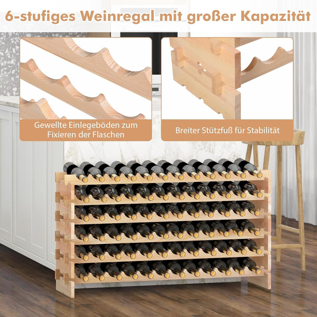 GOPLUS Weinregal Holz, Flaschenregal mit 6 Ebenen für 72 Flaschen, Flaschenhalter aus Kiefernholz, W