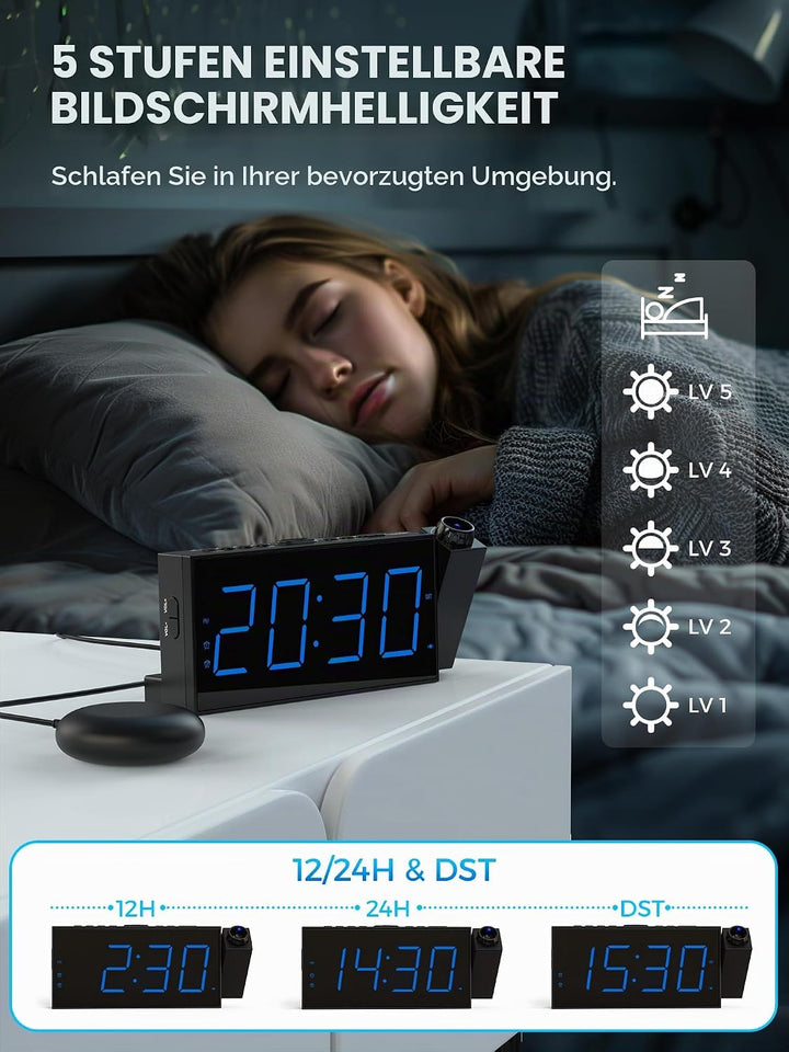 Mesqool Projektionswecker für Schlafzimmer, Lauter Vibrationswecker für Schwerschläfer, Hörgeschädig