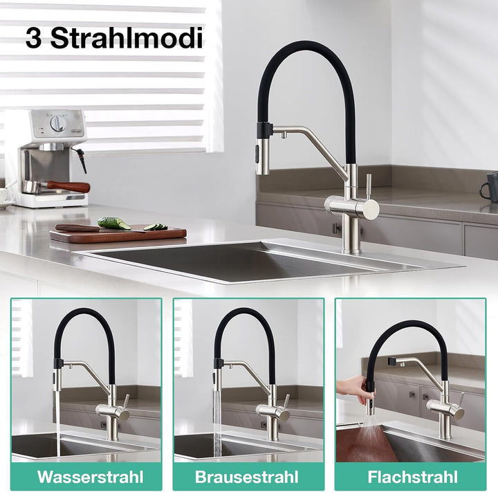 Faustina 4 Wege Küchenarmatur abnehmbar, Doppelhebel Armatur Wasserhahn Küche mit Trinkwasser und So