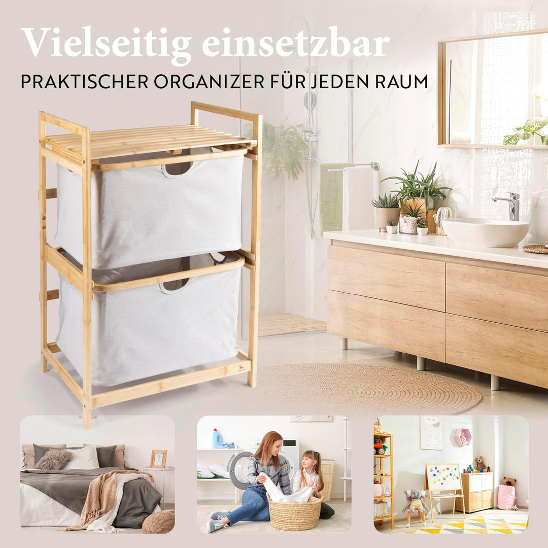 HENNEZ Badezimmerregal 2 Fächer | Bambusregal mit Ablage und 2 Körben | Badregal mit Schubladenboxen