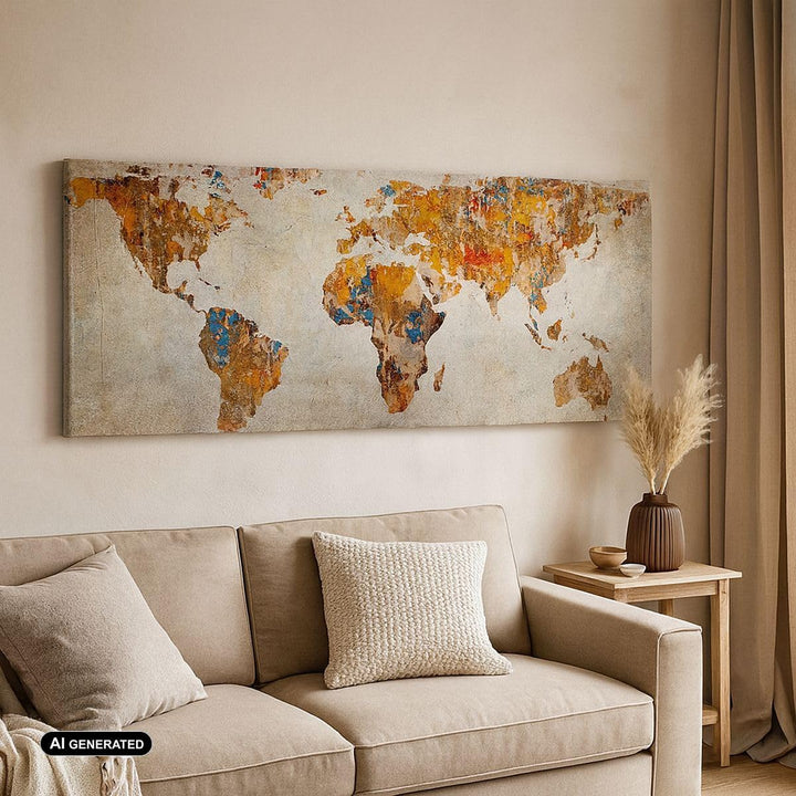 Wandbilder Dekoration Wohnzimmer Welt Karte Kontinente Geographie Panorama Bilder auf Leinwand 120x5