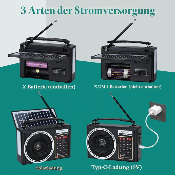 Tragbares Retro-Radio, kompaktes AM/FM/SW-Bluetooth-Radio mit Solarpanel, tragbare LED-Beleuchtung,