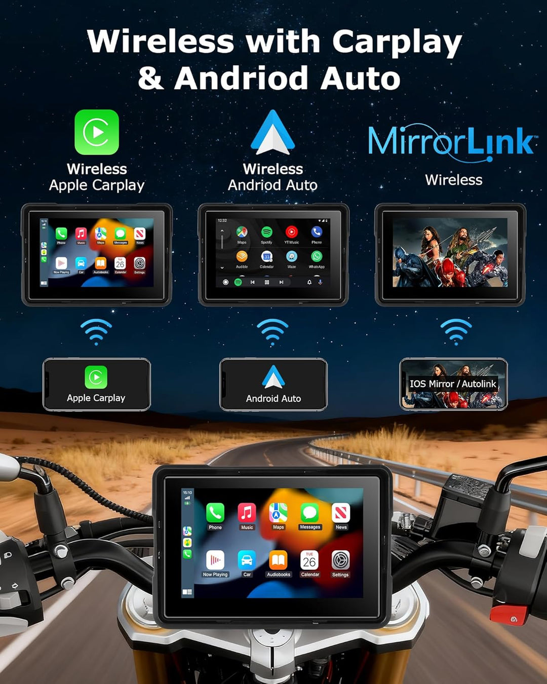 Motorrad Carplay Bildschirm Android Auto Motorrad mit 5 Zoll Wasserdichter Touchscreen, Kabelloses C