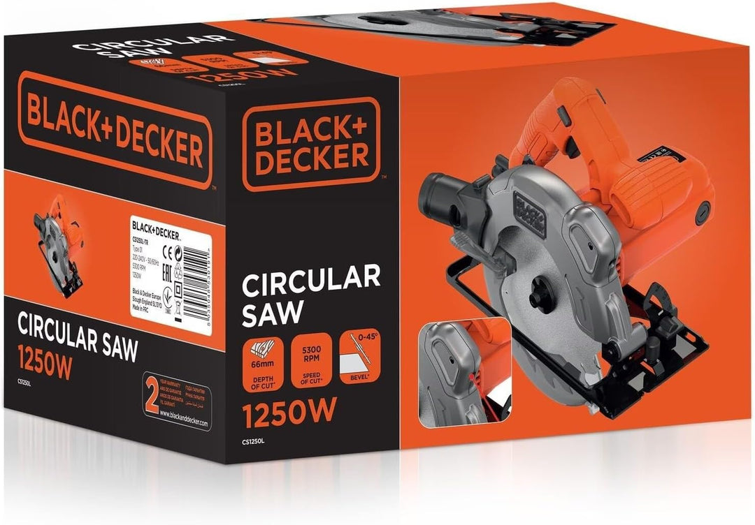 Black+Decker Handkreissäge (1250W, Schnitttiefe 66 mm / 50 mm (90°/45°) 1 Sägeblatt mit Parallelansc