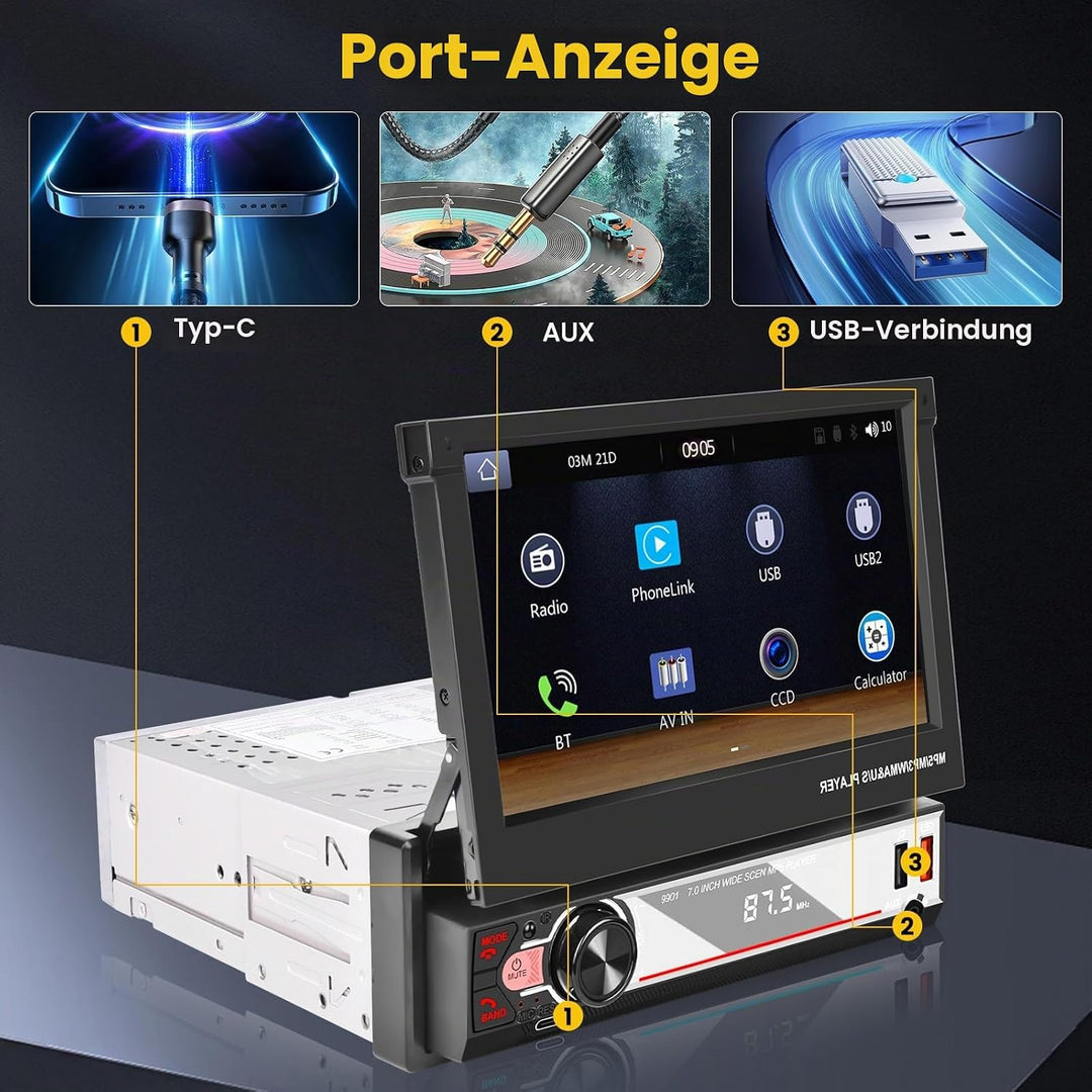 Hikity 1 Din Autoradio Wireless Carplay Andriod Auto 7 Zoll Manuelle Ausfahrbarem Bildchirm Auto Rad