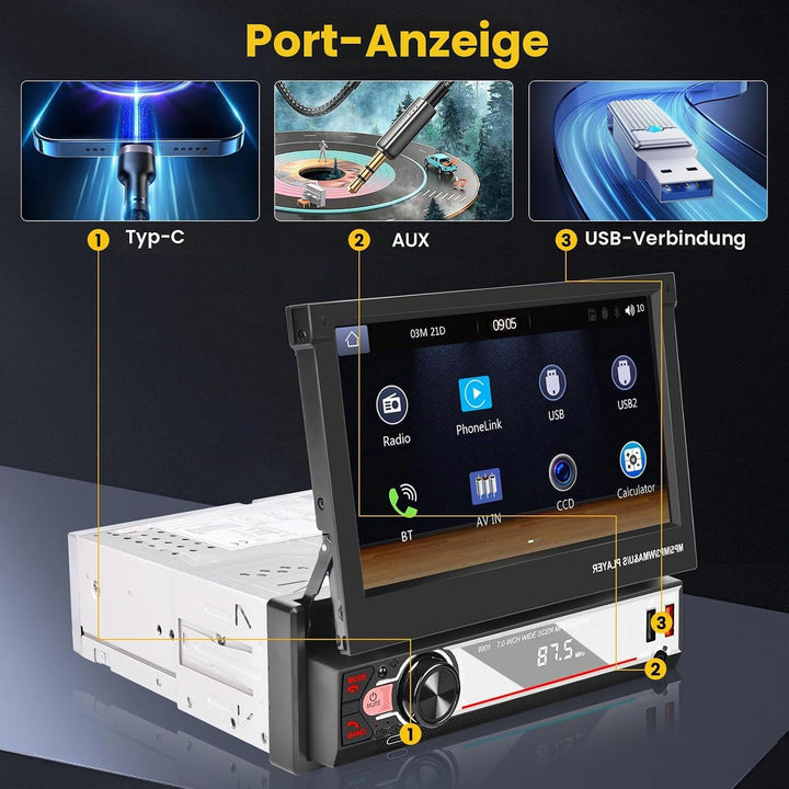 Hikity 1 Din Autoradio Wireless Carplay Andriod Auto 7 Zoll Manuelle Ausfahrbarem Bildchirm Auto Rad