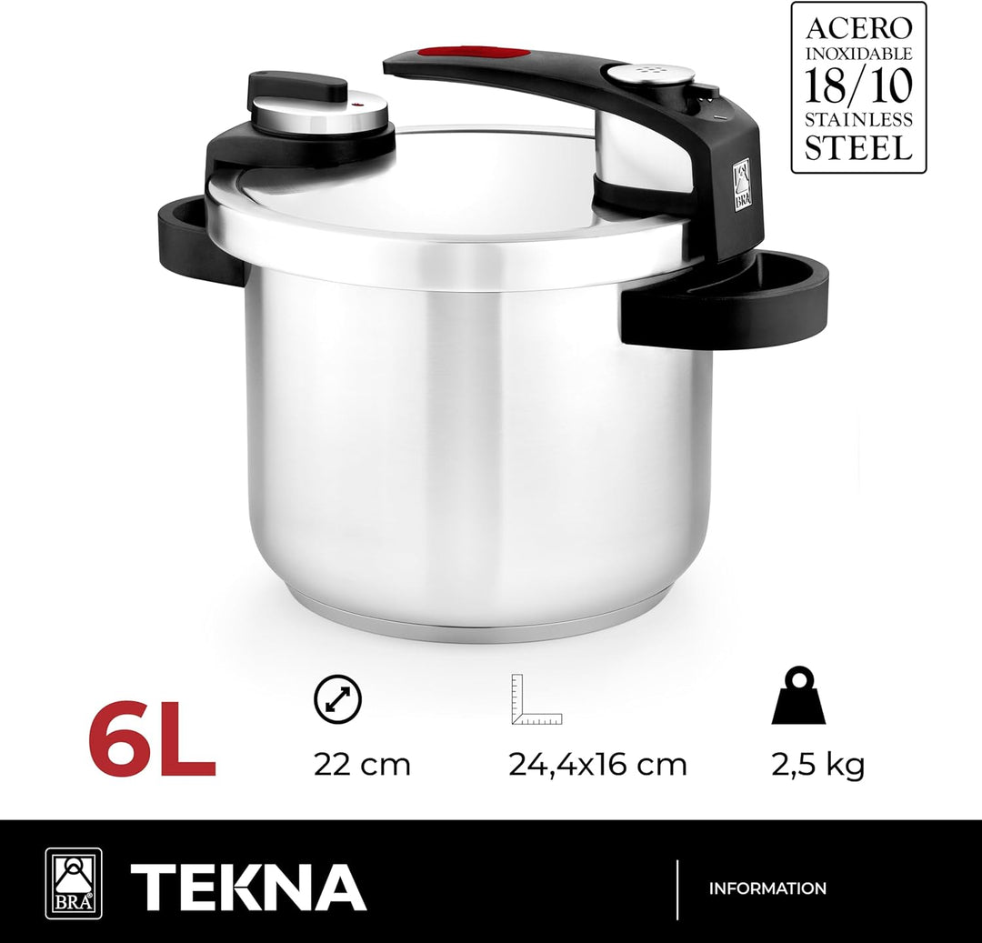 BRA Tekna - Schnellpresstopf 6 Liter, Edelstahl, geeignet für alle Küchentypen, inklusive Induktion,