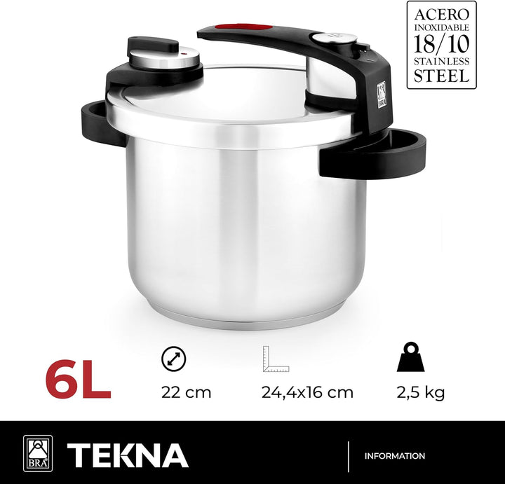BRA Tekna - Schnellpresstopf 6 Liter, Edelstahl, geeignet für alle Küchentypen, inklusive Induktion,