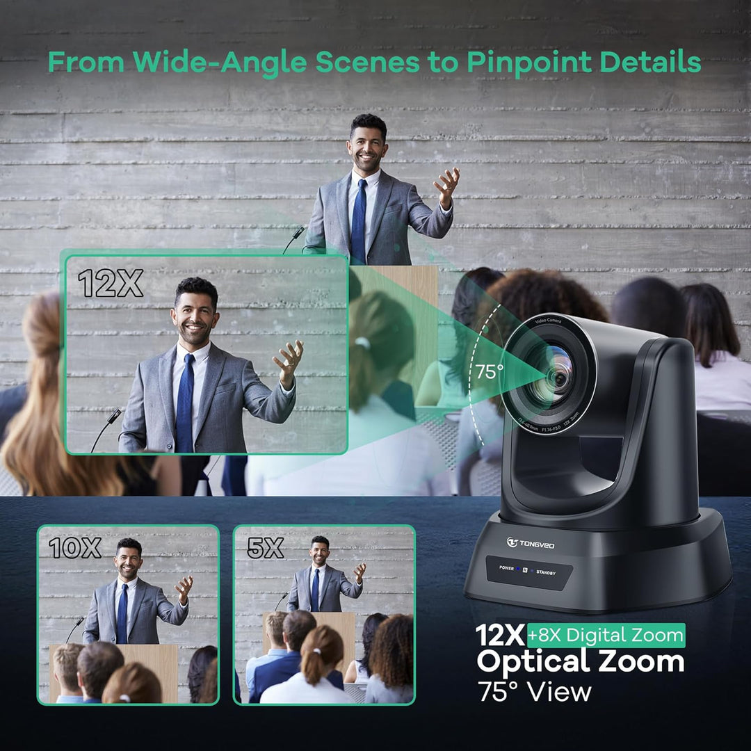 TONGVEO PTZ Konferenzkamera mit KI-Auto-Tracking, 12X optischem Zoom, Weitwinkel, 1080P/60fps (HDMI/